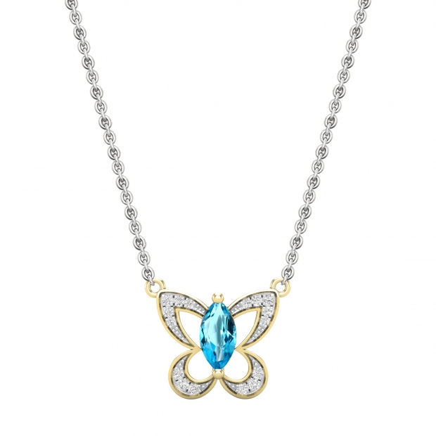 8X4mm Marquise Blue Topaz & Round White Diamond Butterfly Pendant Necklace for Women with 18 inch Silver Chain in 18K Yellow Gold  