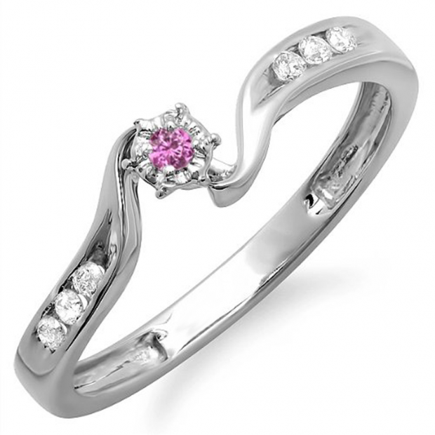 0.15 Carat (ctw) 10k White Gold Round Pink Sapphire And White Diamond Ladies Promise Bridal Engagement Ring