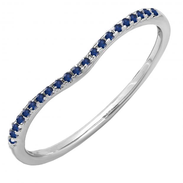 Round Blue Sapphire Ladies Anniversary Wedding Stackable Band 10K White Gold