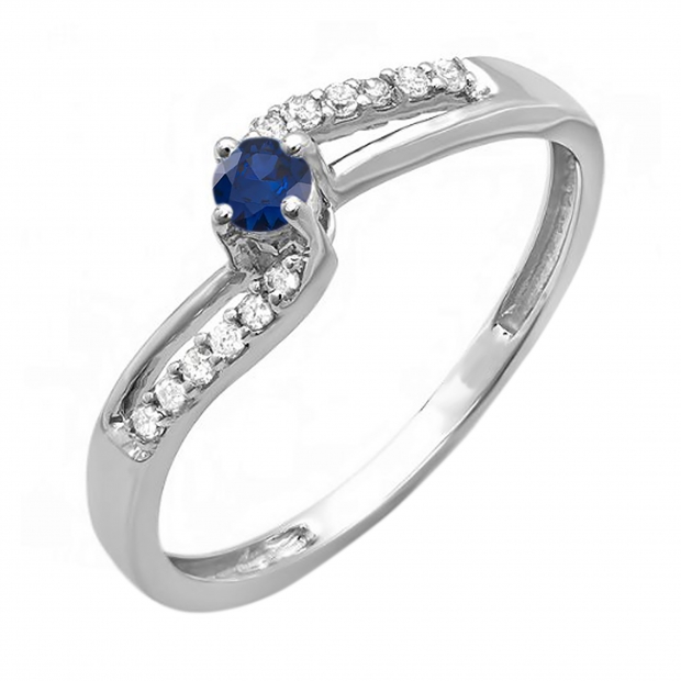 0.20 Carat (ctw) 10k White Gold Round Blue Sapphire And White Diamond Wave Ladies Bridal Promise Engagement Ring 1/5 CT