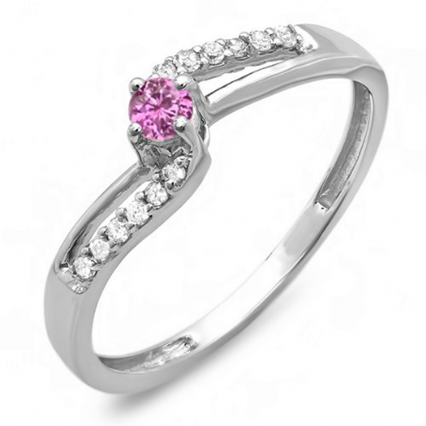 0.20 Carat (ctw) 10k White Gold Round Pink Sapphire And White Diamond Wave Ladies Bridal Promise Engagement Ring 1/5 CT