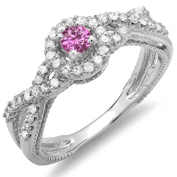 0.50 Carat (ctw) 14k White Gold Round Pink Sapphire And White Diamond Ladies Engagement Halo Style Swirl Split Shank Bridal Ring 1/2 CT
