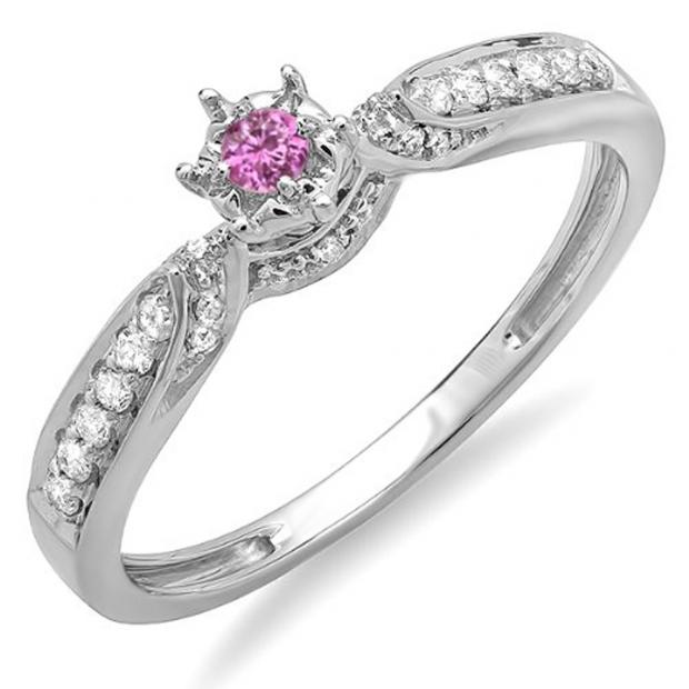0.20 Carat (ctw) 10k White Gold Round Pink Sapphire And White Diamond Ladies Bridal Promise Split Shank Engagement Ring 1/5 CT