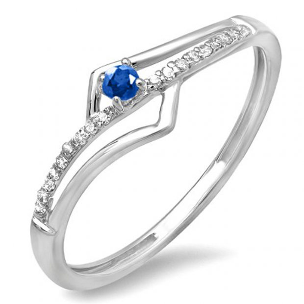 0.10 Carat (ctw) 10k White Gold Round Blue Sapphire And White Diamond Wave Ladies Bridal Promise Engagement Ring 1/10 CT