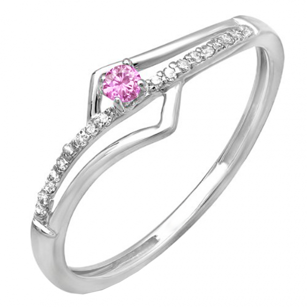 0.10 Carat (ctw) 10k White Gold Round Pink Sapphire And White Diamond Wave Ladies Bridal Promise Engagement Ring 1/10 CT