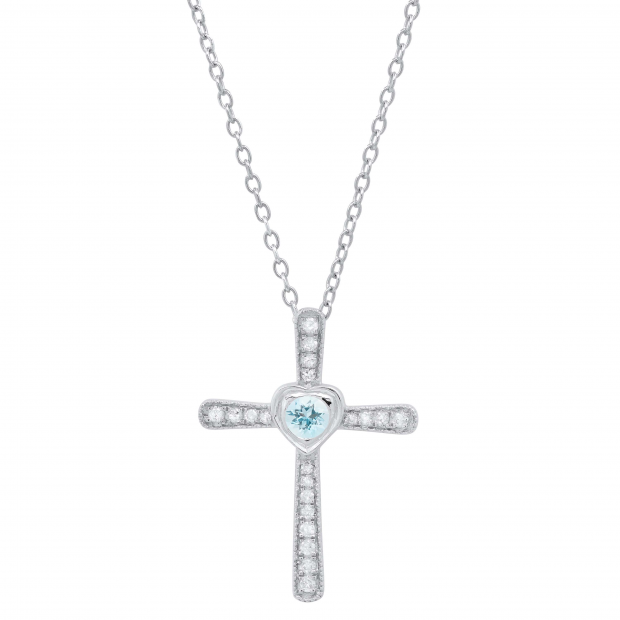 3.5 mm Round Aquamarine & White Diamond Ladies Heart Cross Religious Pendant, 10K White Gold
