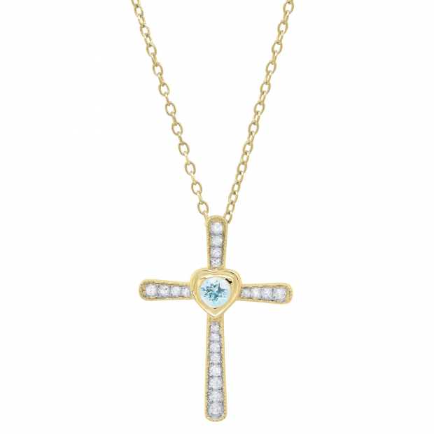 3.5 mm Round Aquamarine & White Diamond Ladies Heart Cross Religious Pendant, 18K Yellow Gold