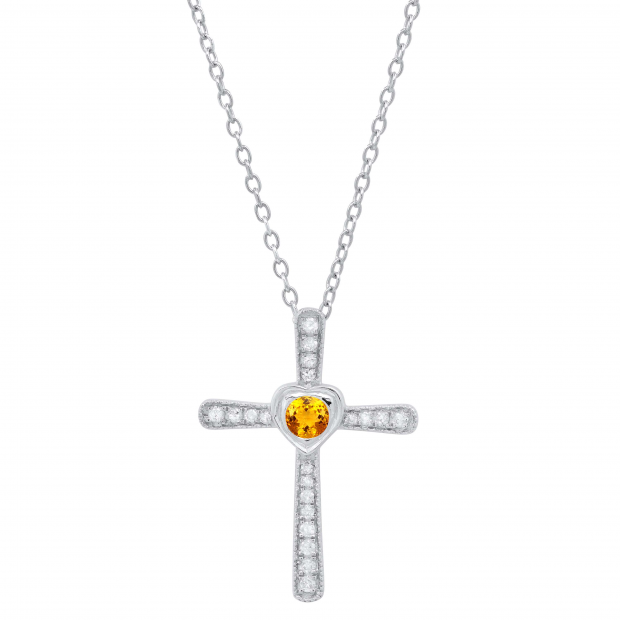 3.5 mm Round Citrine & White Diamond Ladies Heart Cross Religious Pendant, Sterling Silver