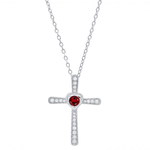 3.5 mm Round Garnet & White Diamond Ladies Heart Cross Religious Pendant, Sterling Silver