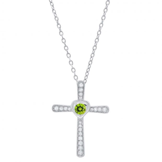 3.5 mm Round Peridot & White Diamond Ladies Heart Cross Religious Pendant, Sterling Silver