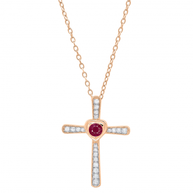 3.5 mm Round Ruby & White Diamond Ladies Heart Cross Religious Pendant, 18K Rose Gold