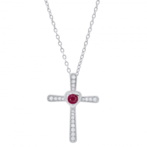 3.5 mm Round Ruby & White Diamond Ladies Heart Cross Religious Pendant, Sterling Silver
