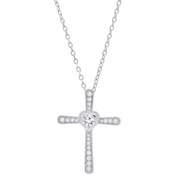 0.35 Carat (ctw) Round White Diamond Ladies Heart Cross Religious Pendant 1/3 CT, 14K White Gold