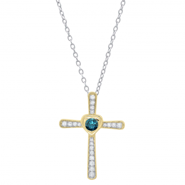 0.35 Carat (ctw) Round Blue Diamond Ladies Heart Cross Religious Pendant 1/3 CT, 10K Yellow Gold