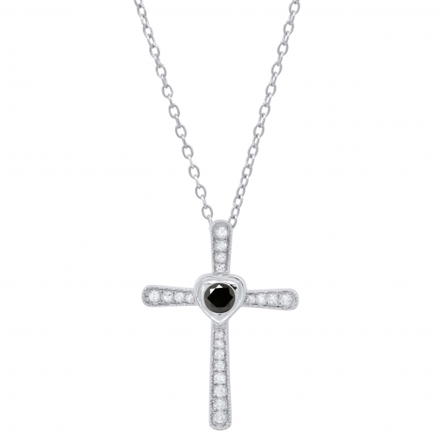 0.35 Carat (ctw) Round Black Diamond Ladies Heart Cross Religious Pendant 1/3 CT, Sterling Silver