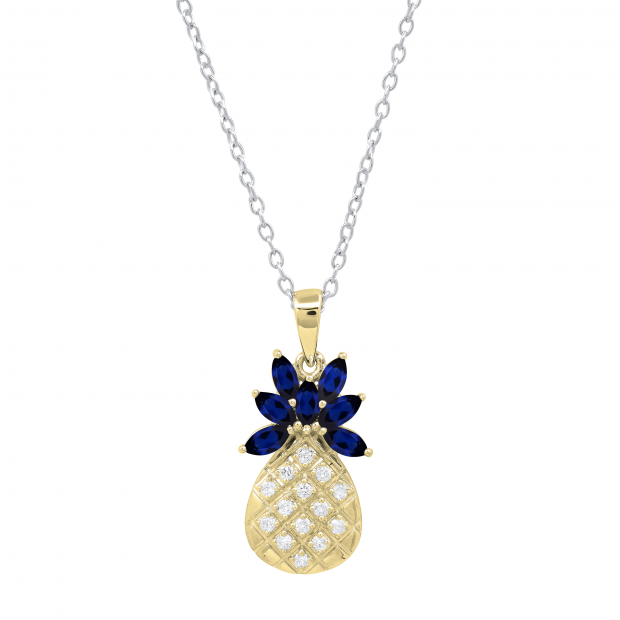 4X2mm Marquise Blue Sapphire & Round Diamond Ladies Pineapple Pendant with 18 inch Silver Chain, 18K Yellow