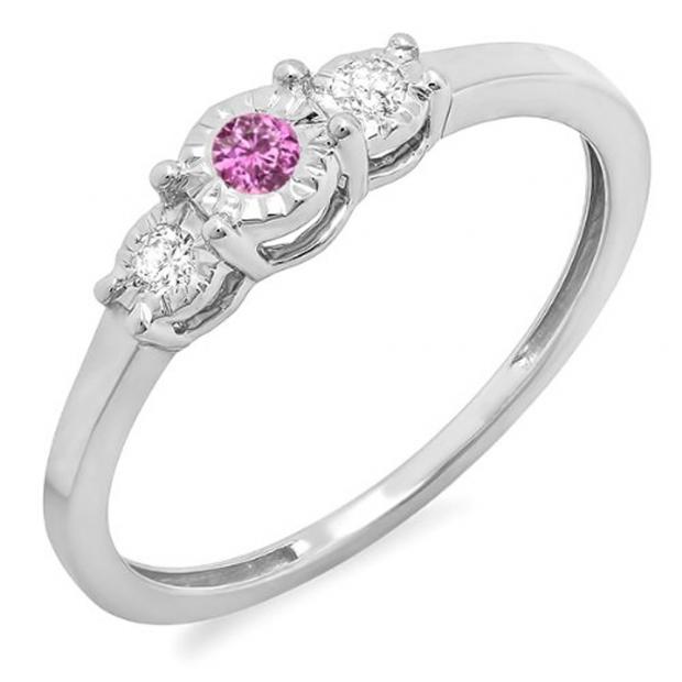 0.20 Carat (ctw) Sterling Silver Round Pink Sapphire And White Diamond Ladies 3 stone Engagement Promise Ring 1/5 CT