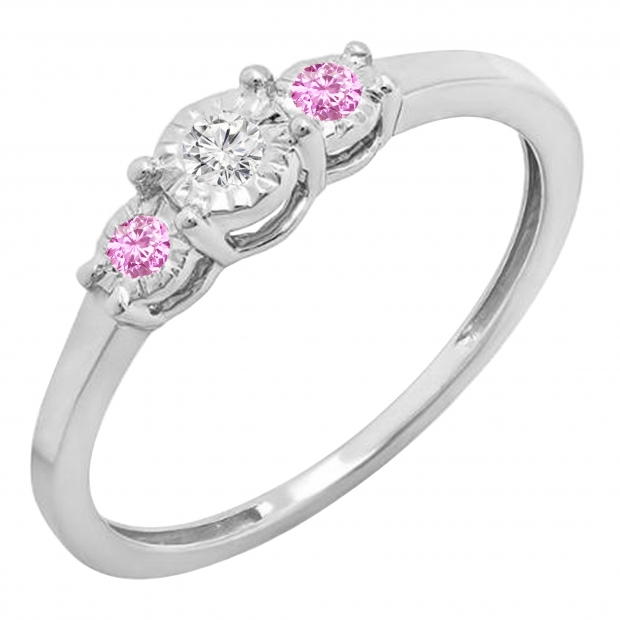 0.20 Carat (ctw) Sterling Silver Round Pink Sapphire And White Diamond Ladies 3 stone Engagement Promise Ring 1/5 CT