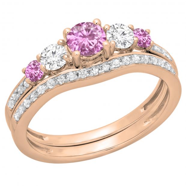 Round Pink Sapphire & White Diamond 5 Stone Bridal Engagement Ring Wedding Ring Set 18K Rose Gold