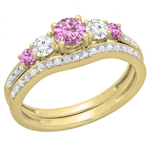 Round Pink Sapphire & White Diamond 5 Stone Bridal Engagement Ring Wedding Ring Set 18K Yellow Gold
