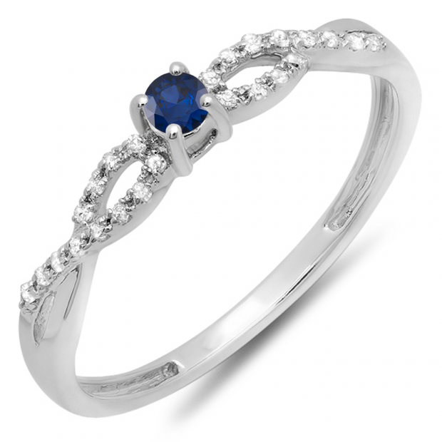 0.20 Carat (ctw) 14K White Gold Round Blue Sapphire And White Diamond Bridal Engagement Ring 1/5 CT