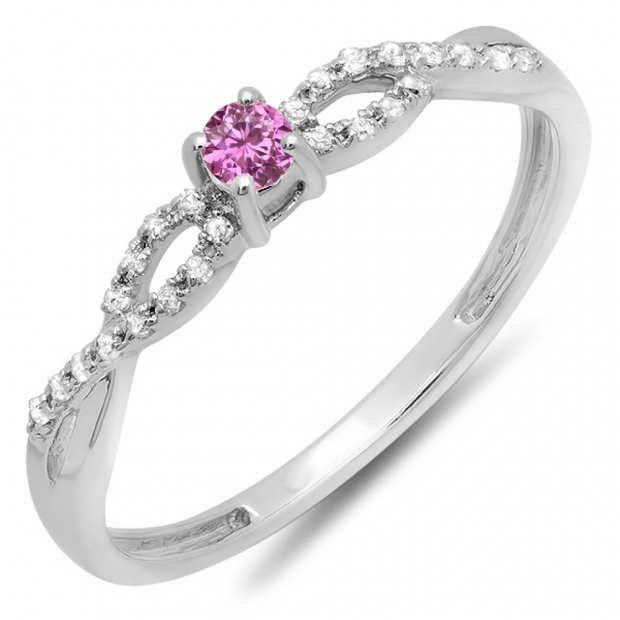 0.20 Carat (ctw) 10K White Gold Round Pink Sapphire And White Diamond Bridal Engagement Ring 1/5 CT