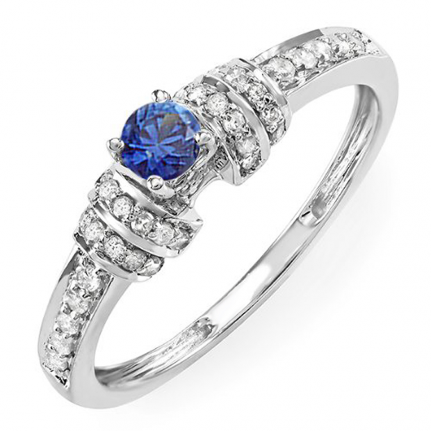 0.45 Carat (ctw) 10k White Gold Round Blue Sapphire And White Diamond Ladies Engagement Bridal Ring 1/2 CT