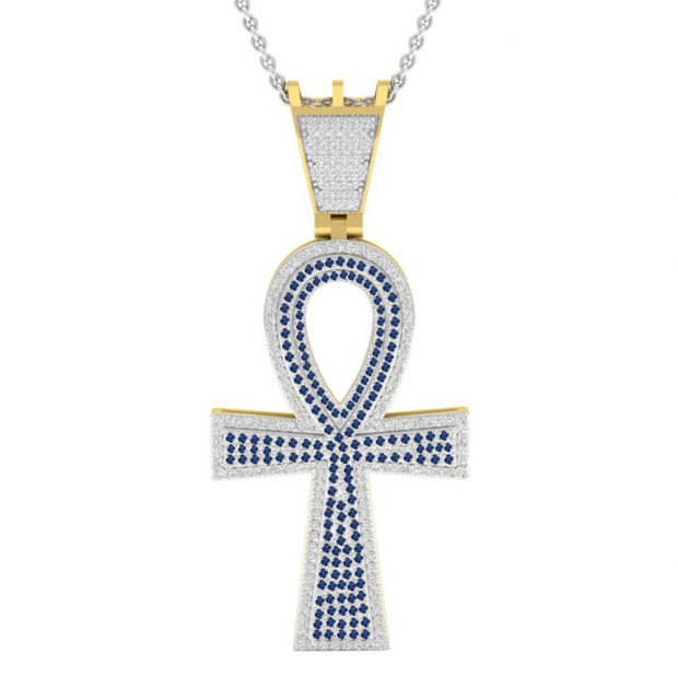 Round Blue Sapphire & White Diamond Ankh Mens Cross Pendant, 18K Yellow Gold
