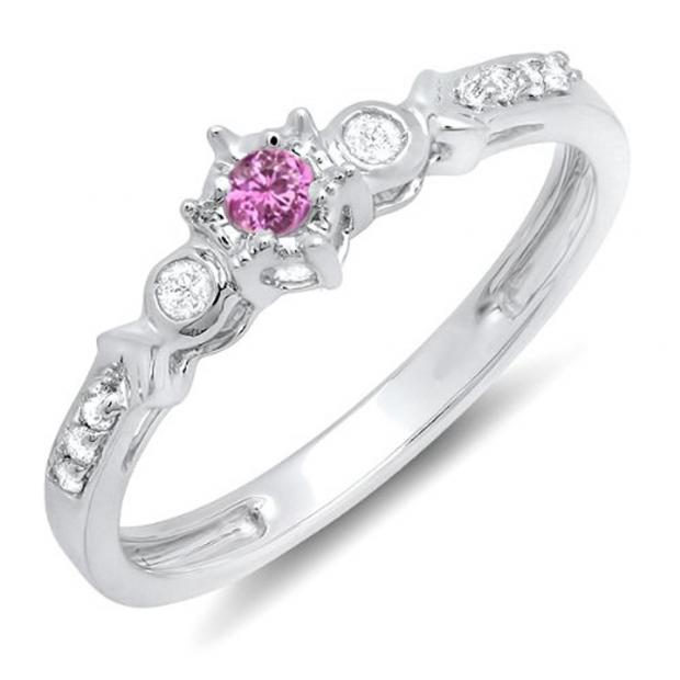 0.20 Carat (ctw) 10k White Gold Round Pink Sapphire And White Diamond 3 Stone Ladies Bridal Engagement Promise Ring 1/5 CT