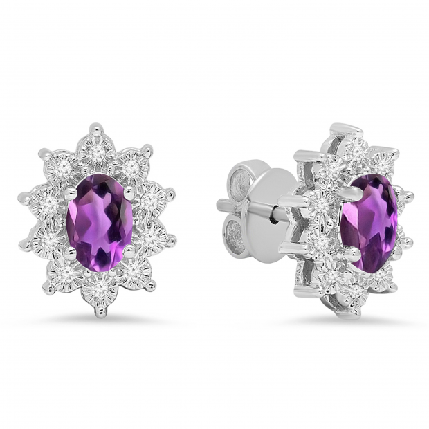 6X4 MM Each Oval Amethyst & Round White Diamond Ladies Flower Shape Stud Earrings 10K White Gold