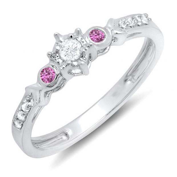 0.20 Carat (ctw) 10k White Gold Round Pink Sapphire And White Diamond 3 Stone Ladies Bridal Engagement Promise Ring 1/5 CT