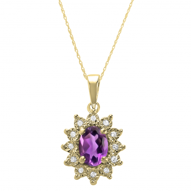 1.00 Carat (ctw) Kate Middleton Diana Replica Oval Royal Amethyst & Round Ladies Pendant, 10K Yellow Gold
