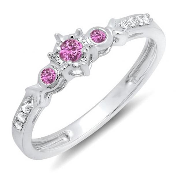 0.20 Carat (ctw) 10k White Gold Round Pink Sapphire And White Diamond 3 Stone Ladies Bridal Engagement Promise Ring 1/5 CT