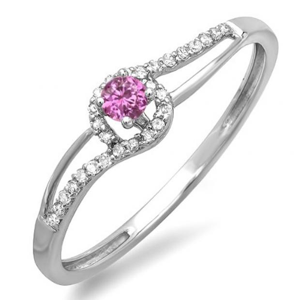 0.16 Carat (ctw) 10k White Gold Round Cut Pink Sapphire And White Diamond Ladies Engagement Bridal Promise Ring