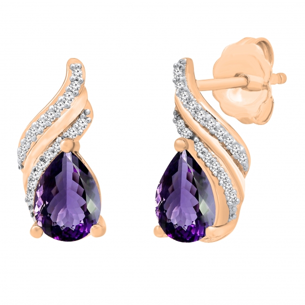 7X5mm Pear Amethyst & Round White Diamond Swirl Stud Earrings for Women in 18K Rose Gold