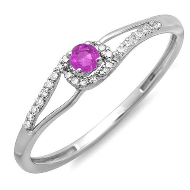 0.16 Carat (ctw) 10k White Gold Round Cut Pink Sapphire And White Diamond Ladies Engagement Bridal Promise Ring