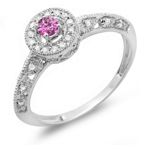 0.38 Carat (Ctw) 14k White Gold Round Pink Sapphire And White Diamond Bridal Halo Style Engagement Milgrain Ring