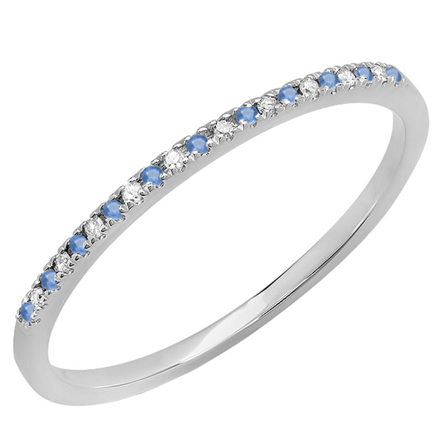 Round Blue Sapphire & White Diamond Ladies Dainty Wedding Band Stackable Ring 14K White Gold