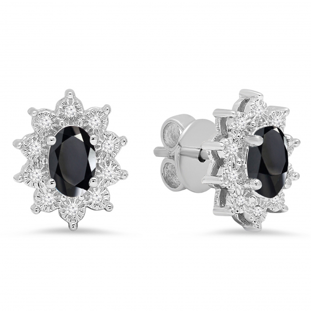 6X4 mm Oval Onyx & Round White Diamond Ladies Flower Cluster Fashion Stud Earrings 10K White Gold