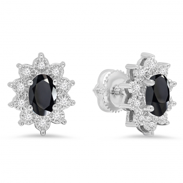 6X4 mm Oval Onyx & Round White Diamond Ladies Flower Cluster Fashion Stud Earrings 14K White Gold