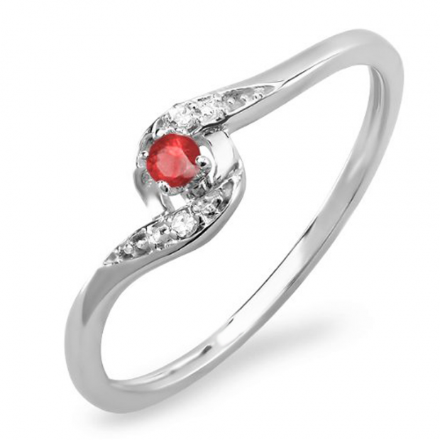 0.08 Carat (ctw) 14k White Gold Round White Diamond & Ruby Ladies Bridal Engagement Ring 1/10 CT