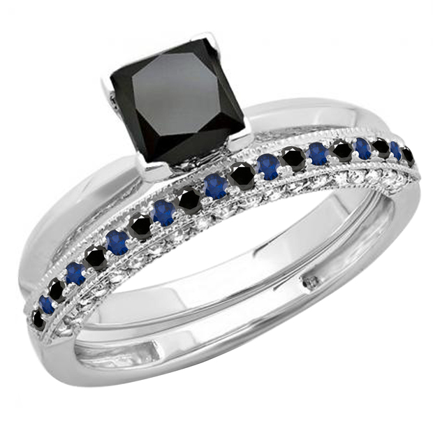Princess and Round Black Diamond White Diamond & Blue Sapphire Ladies Ring Set 14K White Gold