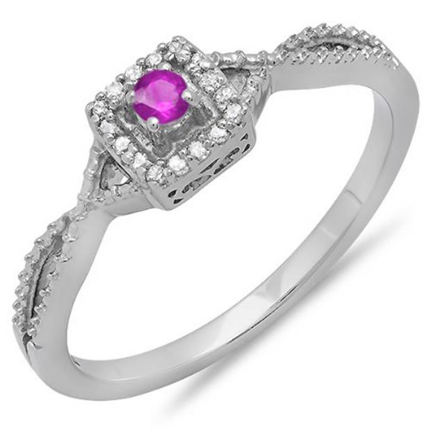 0.15 Carat (ctw) 10k White Gold Round Cut White Diamond & Pink Sapphire Ladies Crossover Split Shank Engagement Bridal Promise Ring