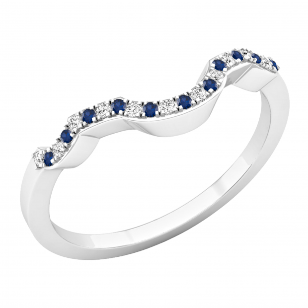 Round Blue Sapphire & White Diamond Wedding Guard Ring, 10K White Gold
