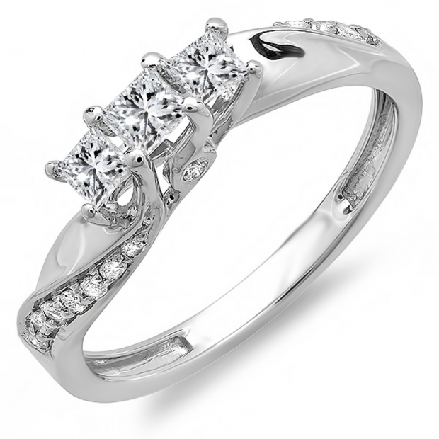 0.50 Carat (ctw) 14k White Gold Princess and Round Diamond Ladies 3 Stone Swirl Engagement Bridal Ring 1/2 CT