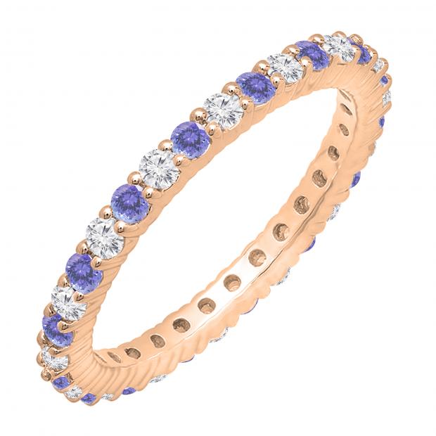 Alternating Round Tanzanite & White Diamond Eternity Stackable Wedding Band For Her In 18K Rose Gold