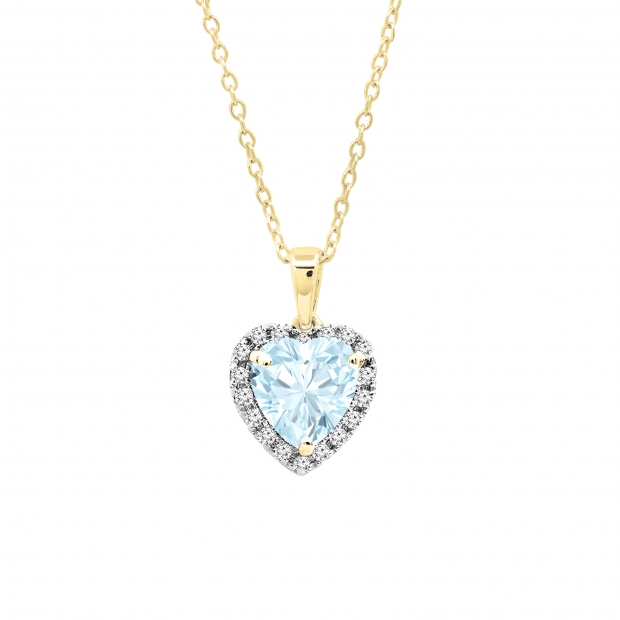 6mm Heart Aquamarine And Round White Diamond Halo Pendant for Women with 18 inch Gold Chain in 18K Yellow Gold