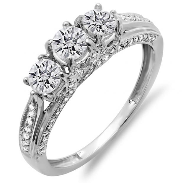 1.00 Carat (ctw) 10k White Gold Round Diamond Ladies Vintage Bridal 3 Stone Engagement Ring 1 CT