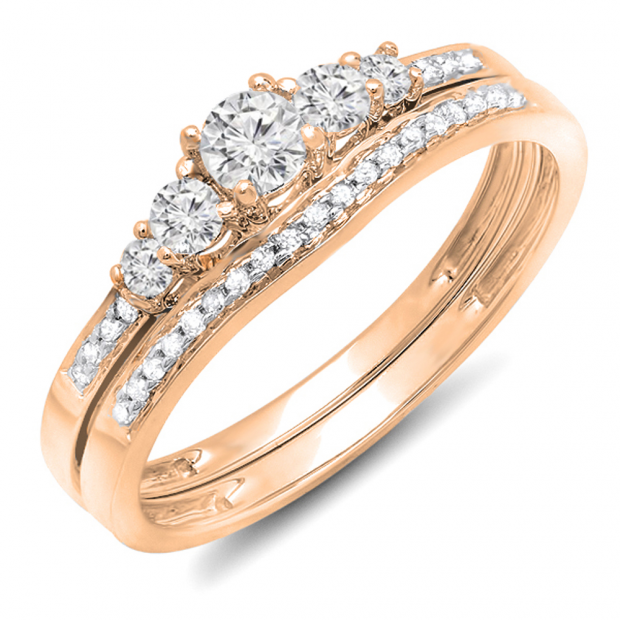 0.45 Carat (ctw) 10k Rose Gold Round Diamond Ladies 5 Stone Bridal Engagement Ring Matching Band Set 1/2 CT