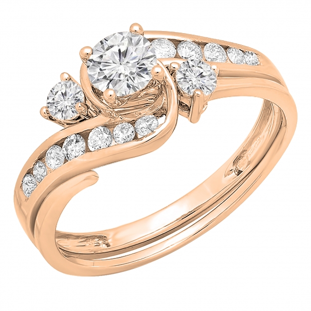 0.90 Carat (ctw) 14k Rose Gold Round Diamond Ladies Swirl Bridal Engagement Ring Matching Band Set